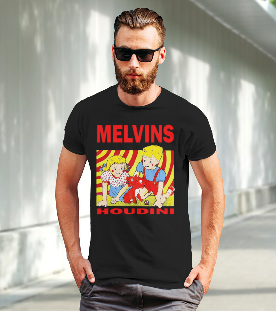 Melvins Houdini Late 00s Jerks Kids With Red Dog And Swirling Red Yellow Background T-Shirt