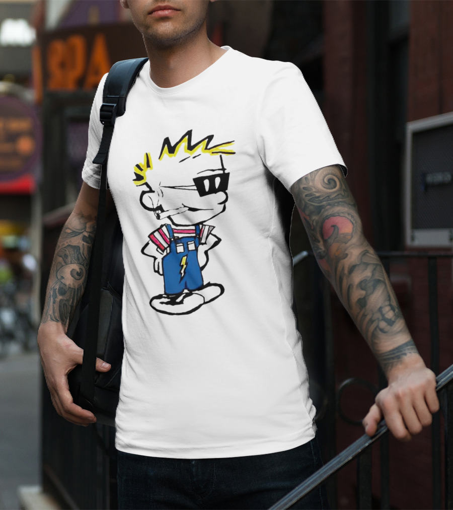 Calvin And Hobbes Spaceman Spiff Lightning Overalls Yellow Hair Sunglasses T-Shirt