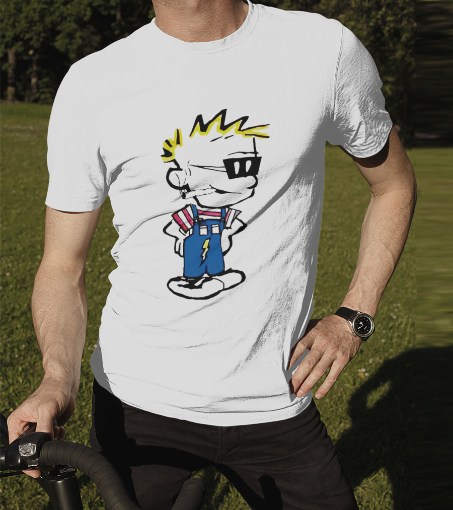 Calvin And Hobbes Spaceman Spiff Lightning Overalls Yellow Hair Sunglasses T-Shirt