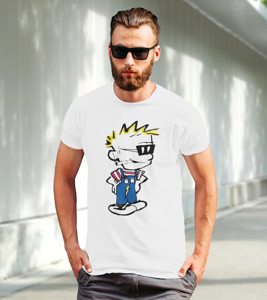 Calvin And Hobbes Spaceman Spiff Lightning Overalls Yellow Hair Sunglasses T-Shirt