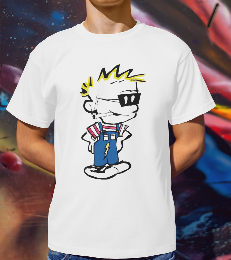 Calvin And Hobbes Spaceman Spiff Lightning Overalls Yellow Hair Sunglasses T-Shirt