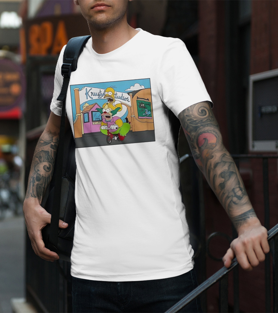 Krustyland Studios With Homer And Krusty The Clown On Bicycle From The Simpsons T-Shirt