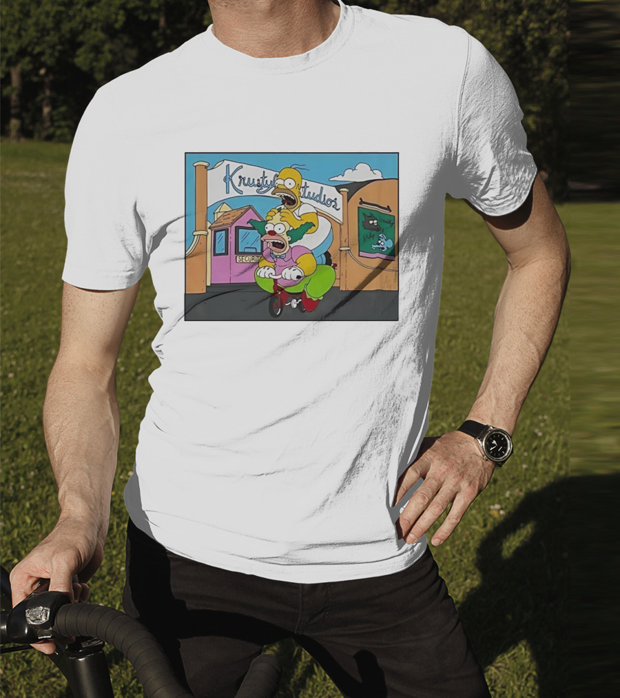 Krustyland Studios With Homer And Krusty The Clown On Bicycle From The Simpsons T-Shirt
