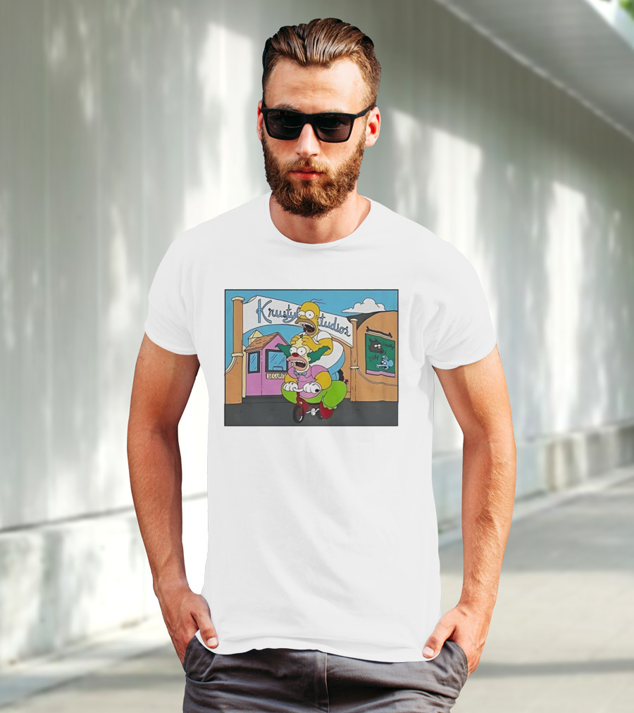 Krustyland Studios With Homer And Krusty The Clown On Bicycle From The Simpsons T-Shirt