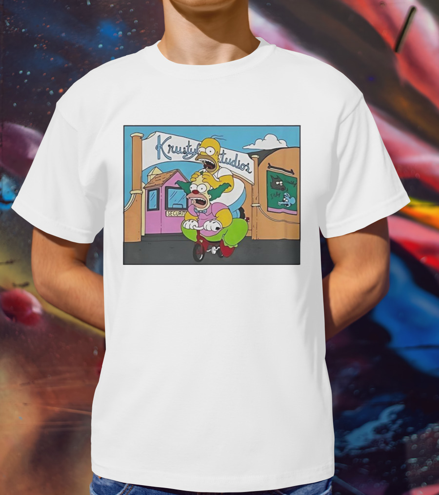 Krustyland Studios With Homer And Krusty The Clown On Bicycle From The Simpsons T-Shirt