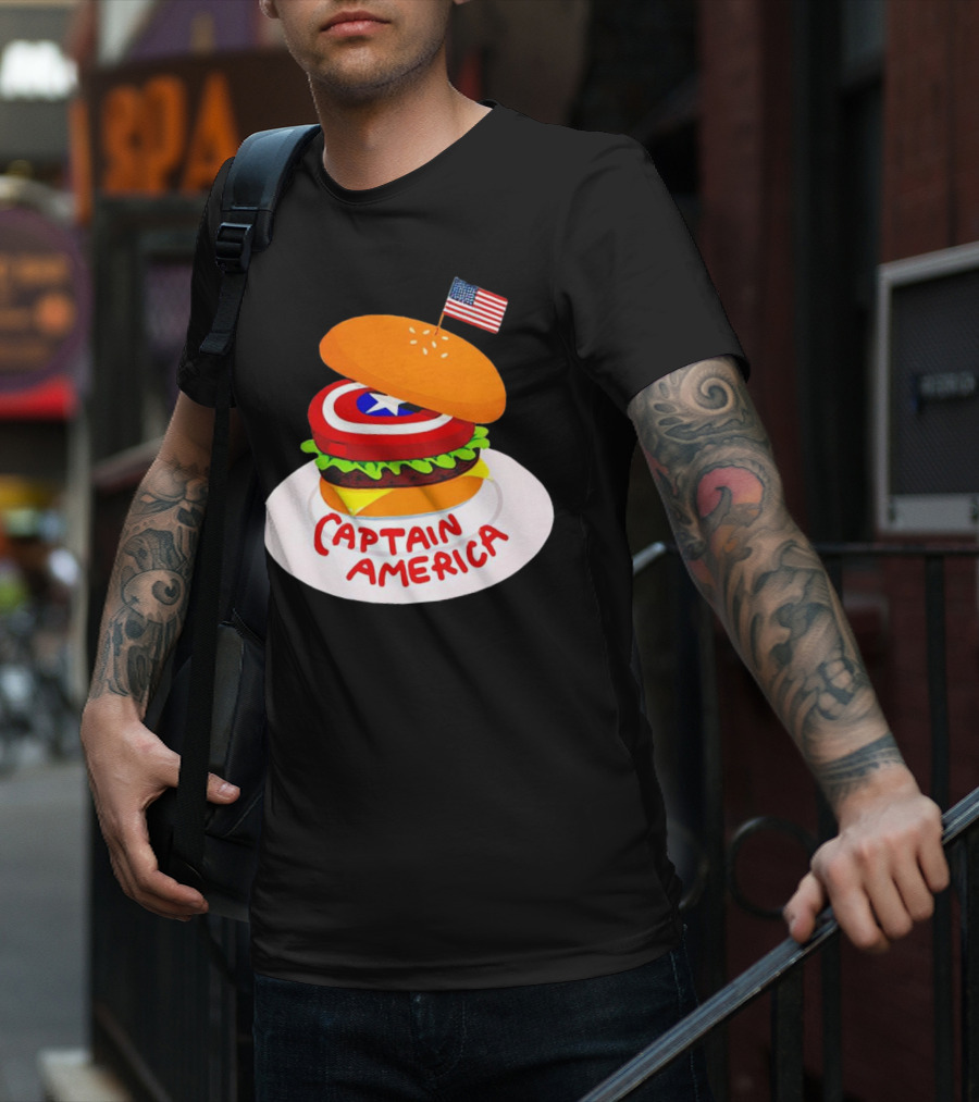 Captain America Burger With Flag And Shield Lettuce Bun T-Shirt