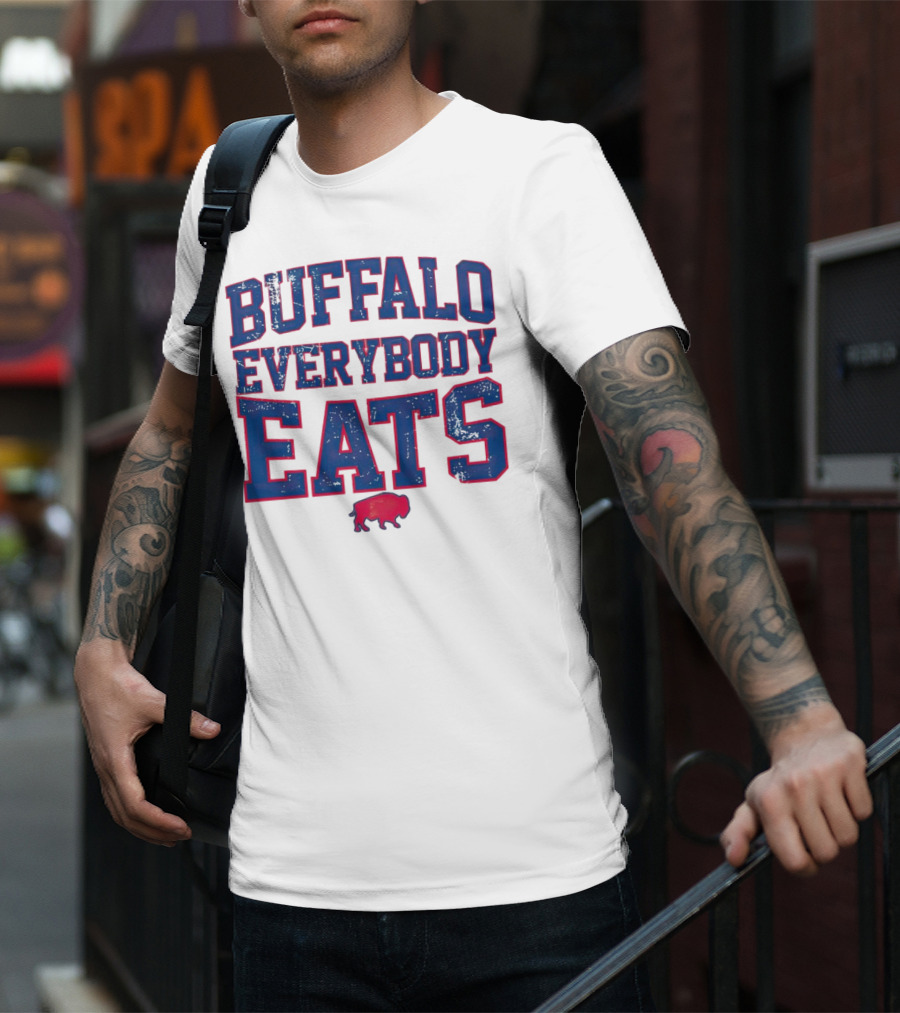 Buffalo Everybody Eats Red Bison Icon Bold Blue Letters T-Shirt