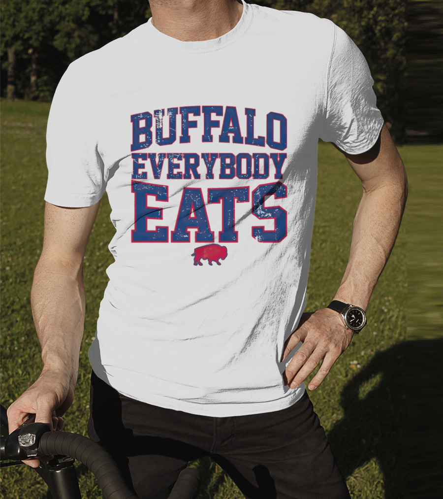 Buffalo Everybody Eats Red Bison Icon Bold Blue Letters T-Shirt