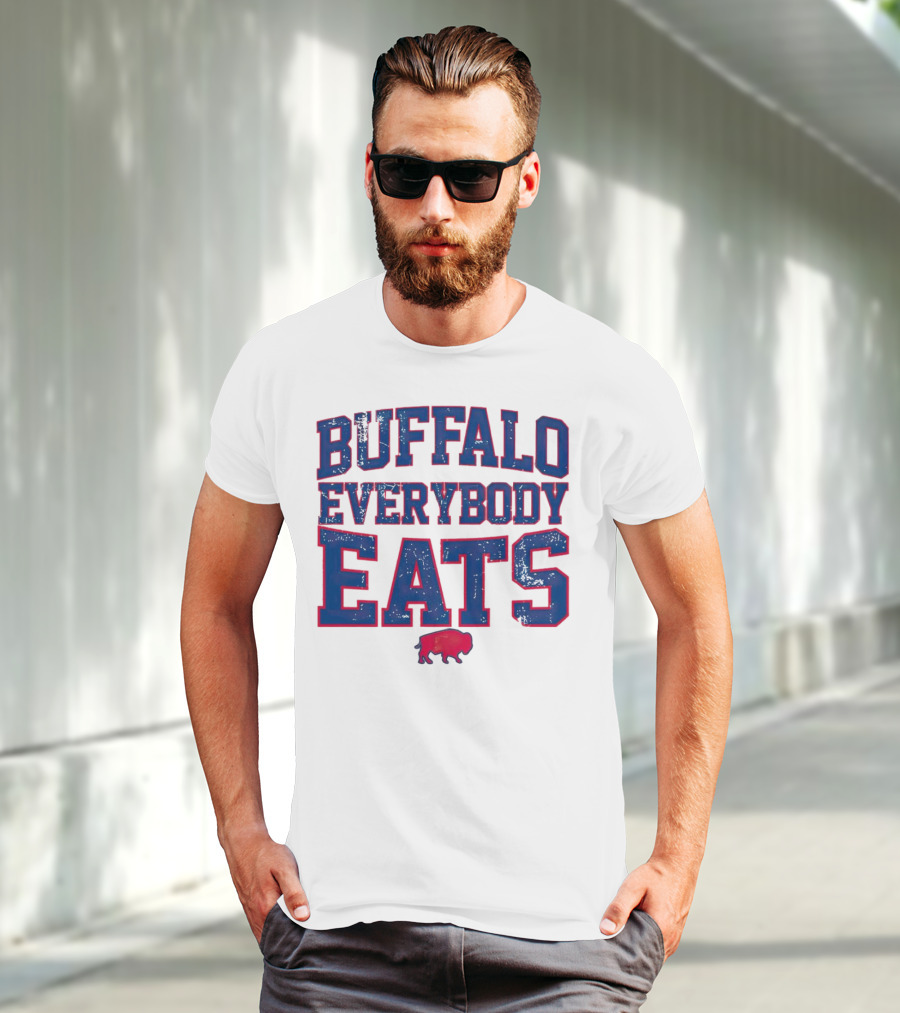 Buffalo Everybody Eats Red Bison Icon Bold Blue Letters T-Shirt