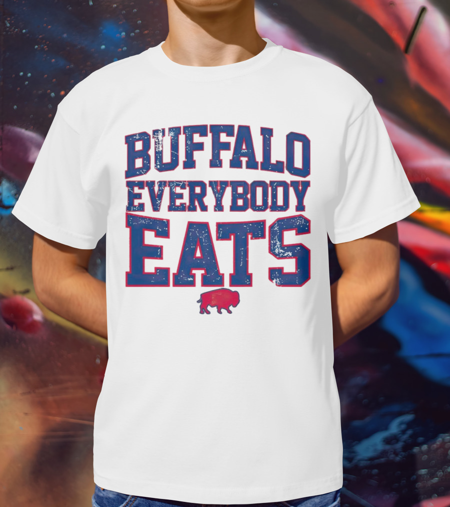 Buffalo Everybody Eats Red Bison Icon Bold Blue Letters T-Shirt