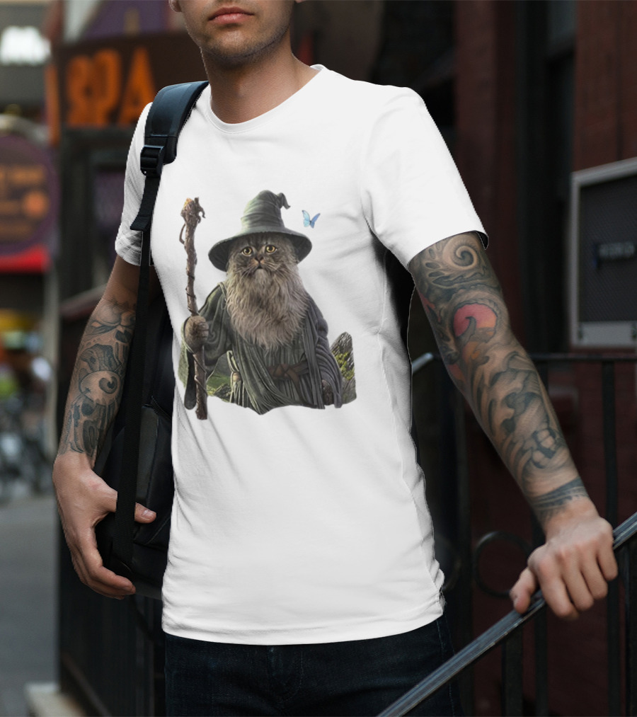Cat The Mountain Wizard Catdalf Cat With Staff And Hat T-Shirt