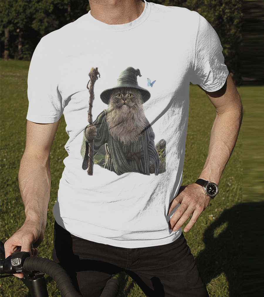 Cat The Mountain Wizard Catdalf Cat With Staff And Hat T-Shirt