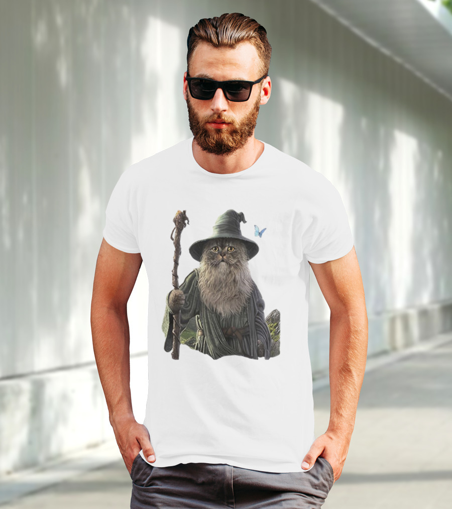 Cat The Mountain Wizard Catdalf Cat With Staff And Hat T-Shirt