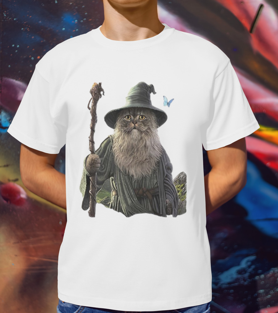 Cat The Mountain Wizard Catdalf Cat With Staff And Hat T-Shirt