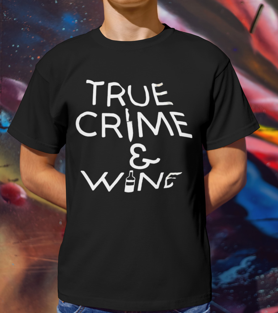 True Crime And Wine Knife And Bottle Motif T-Shirt