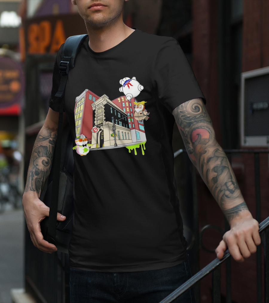 Stay Puft Marshmallow Man Pudgy Penguins Ghostbusters Firehouse Scene T-Shirt