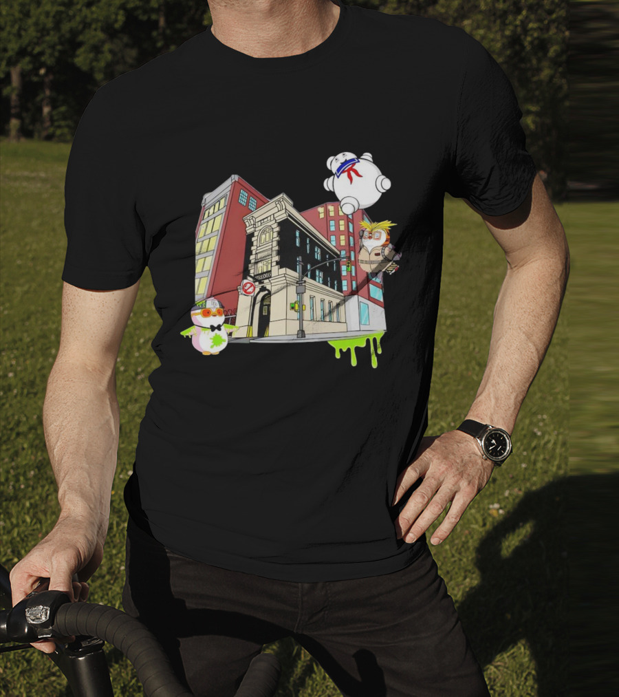 Stay Puft Marshmallow Man Pudgy Penguins Ghostbusters Firehouse Scene T-Shirt