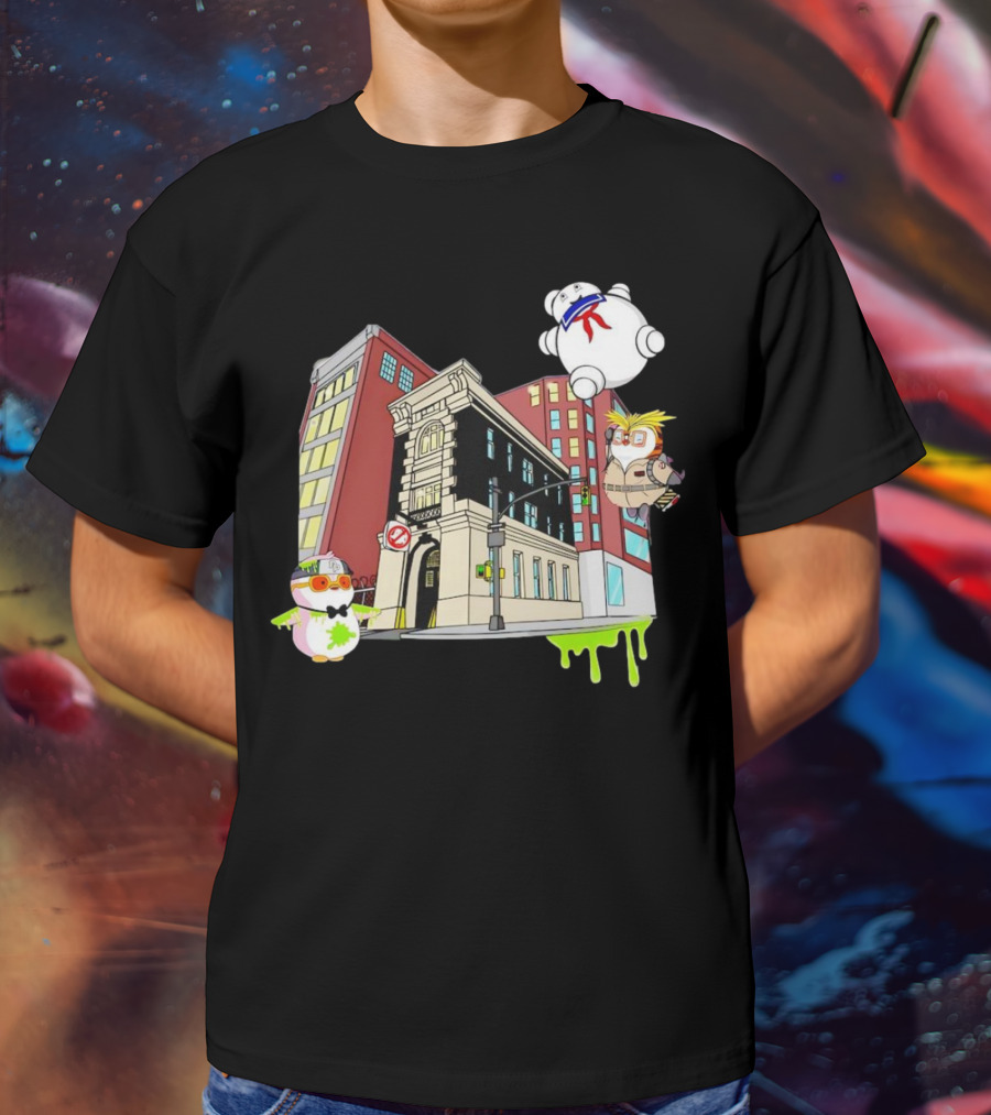 Stay Puft Marshmallow Man Pudgy Penguins Ghostbusters Firehouse Scene T-Shirt