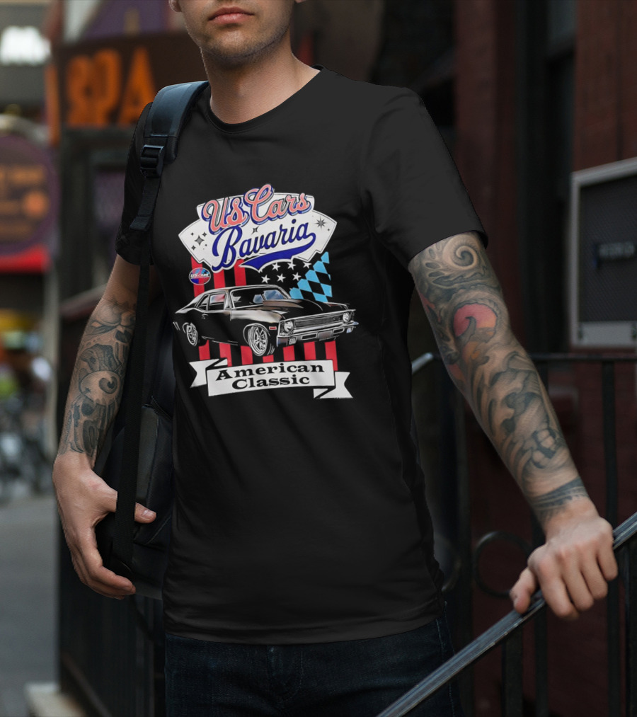 US Cars Bavaria American Classic With Black Muscle Car And Checkered Flags T-Shirt