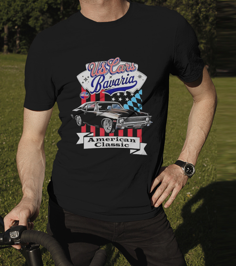 US Cars Bavaria American Classic With Black Muscle Car And Checkered Flags T-Shirt