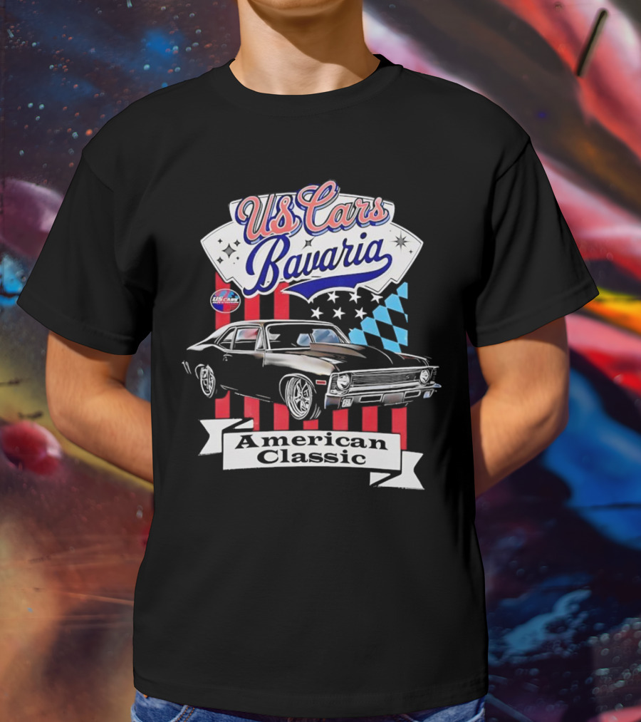 US Cars Bavaria American Classic With Black Muscle Car And Checkered Flags T-Shirt