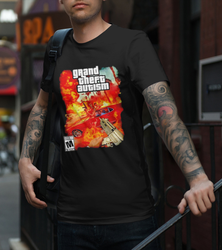 Grand Theft Autism Video Game Cover Parody With Car And Weapon T-Shirt
