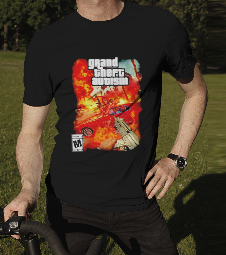 Grand Theft Autism Video Game Cover Parody With Car And Weapon T-Shirt