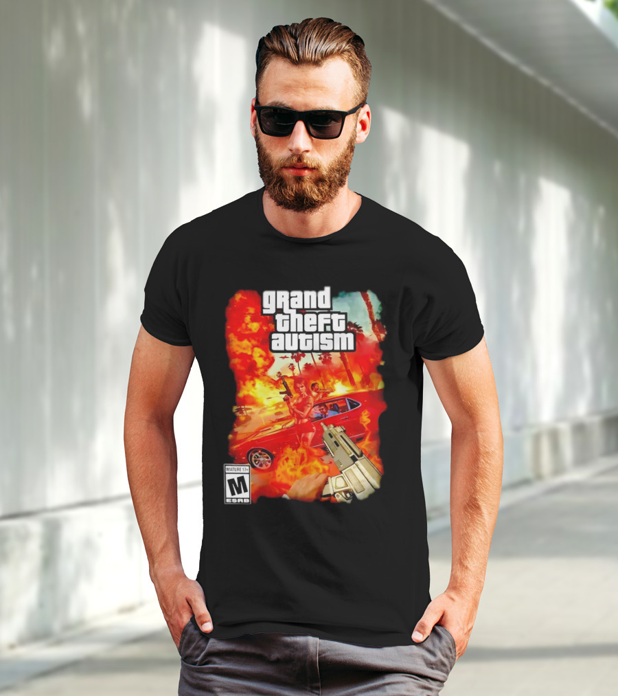 Grand Theft Autism Video Game Cover Parody With Car And Weapon T-Shirt