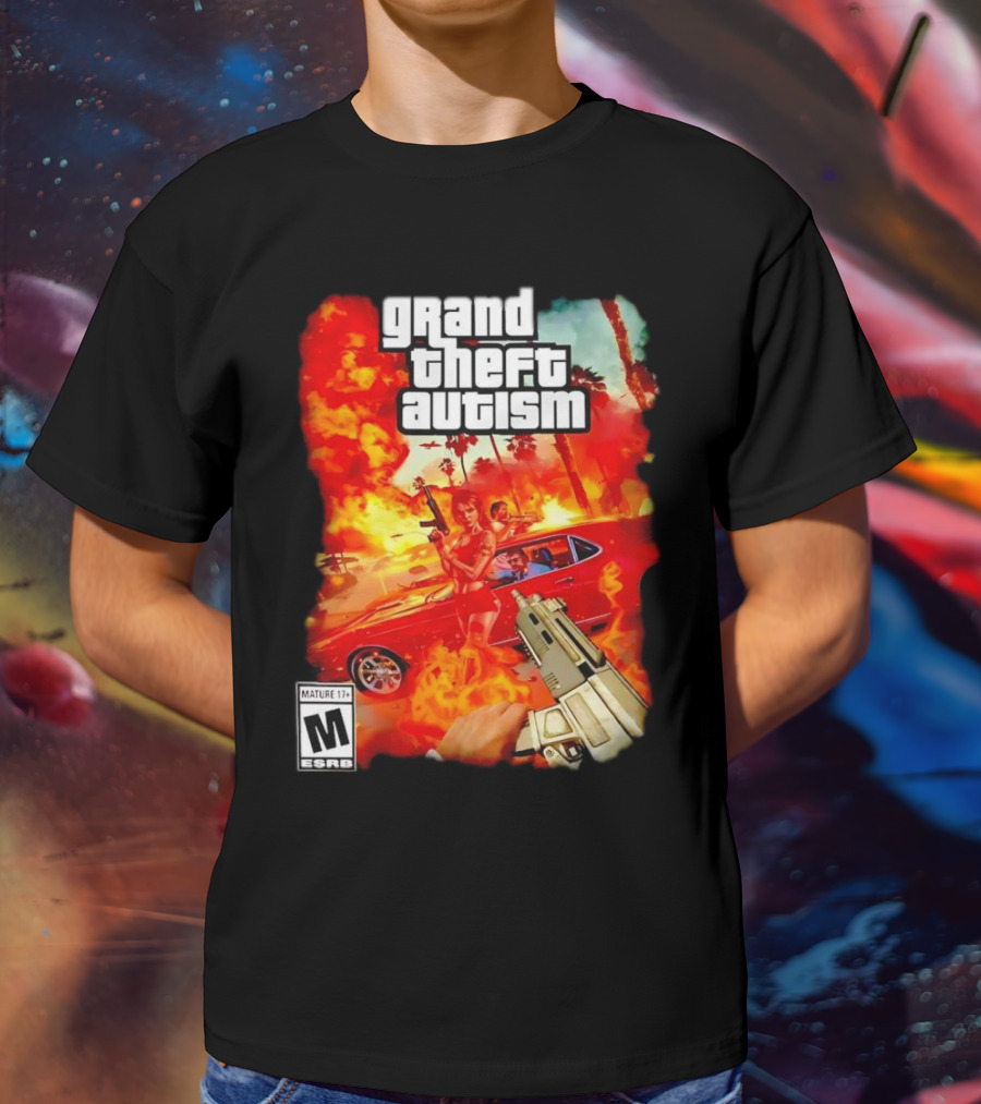 Grand Theft Autism Video Game Cover Parody With Car And Weapon T-Shirt