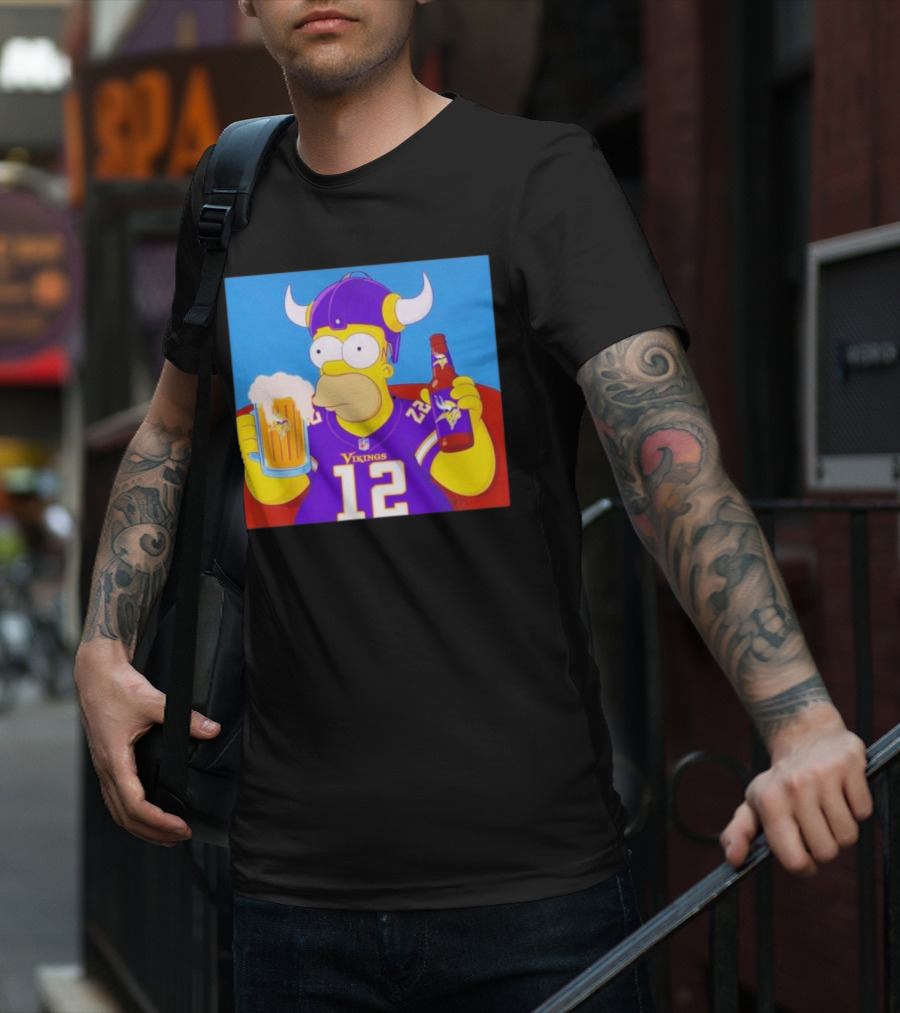 Homer Simpson In Minnesota Vikings Gear Drinking Beer T-Shirt