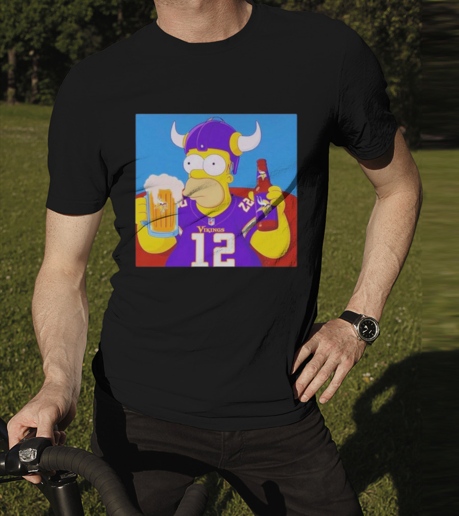 Homer Simpson In Minnesota Vikings Gear Drinking Beer T-Shirt