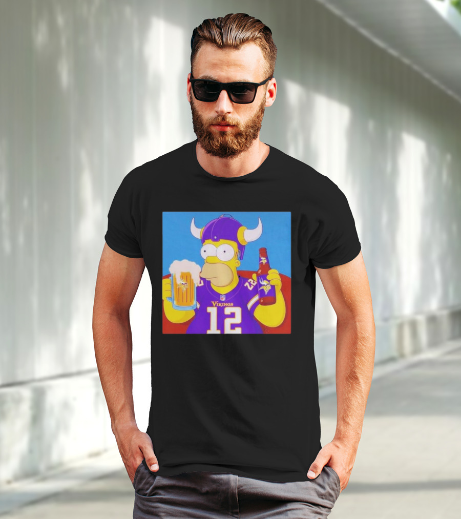 Homer Simpson In Minnesota Vikings Gear Drinking Beer T-Shirt