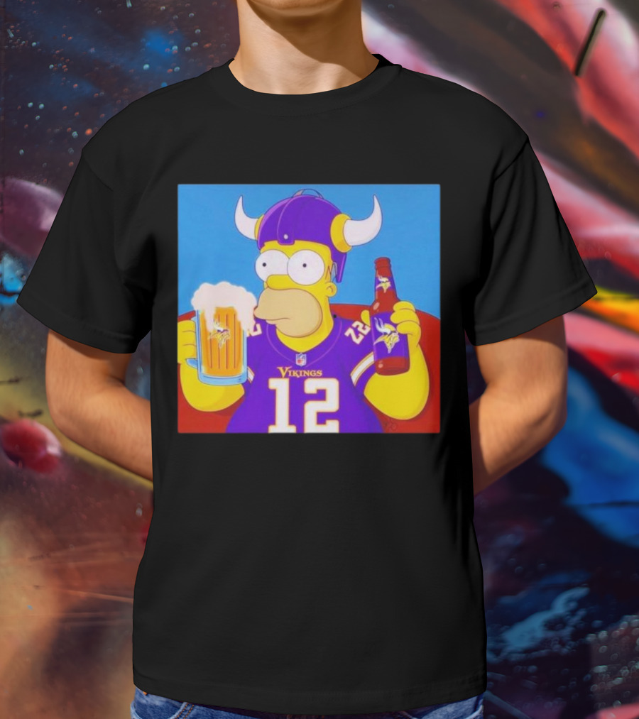 Homer Simpson In Minnesota Vikings Gear Drinking Beer T-Shirt