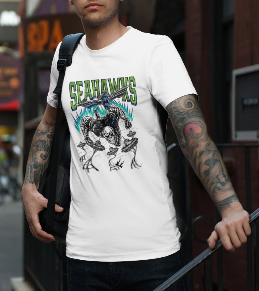 Seattle Seahawks Skeleton With Winged Bird And Blue Flames T-Shirt