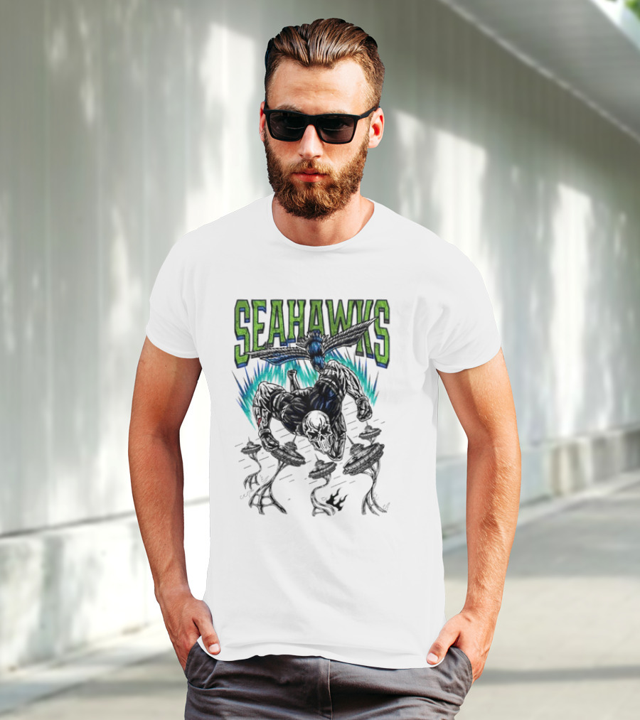 Seattle Seahawks Skeleton With Winged Bird And Blue Flames T-Shirt