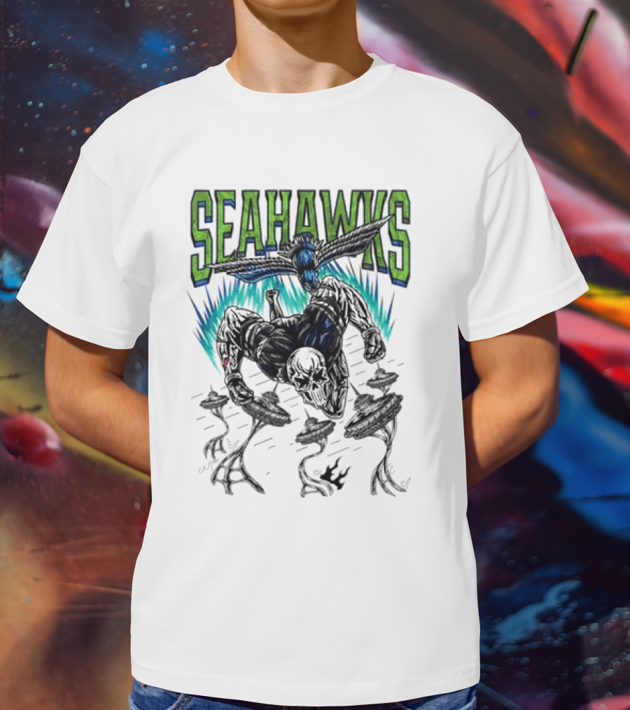 Seattle Seahawks Skeleton With Winged Bird And Blue Flames T-Shirt
