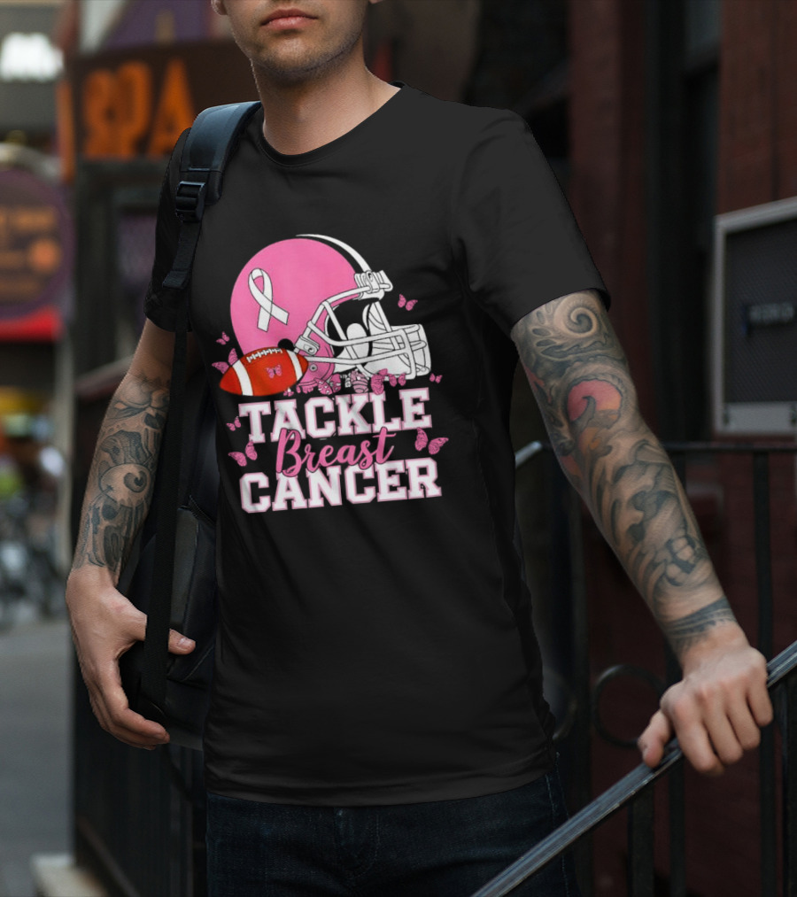 Tackle Breast Cancer Awareness Pink Football Helmet Ribbon Butterflies T-Shirt