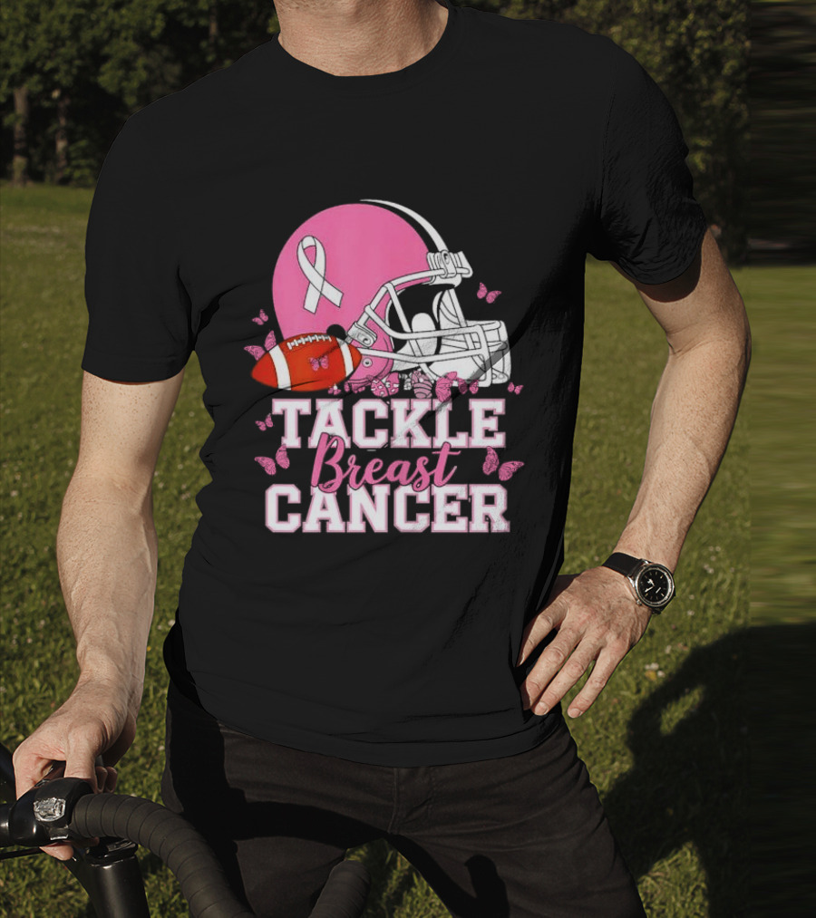 Tackle Breast Cancer Awareness Pink Football Helmet Ribbon Butterflies T-Shirt