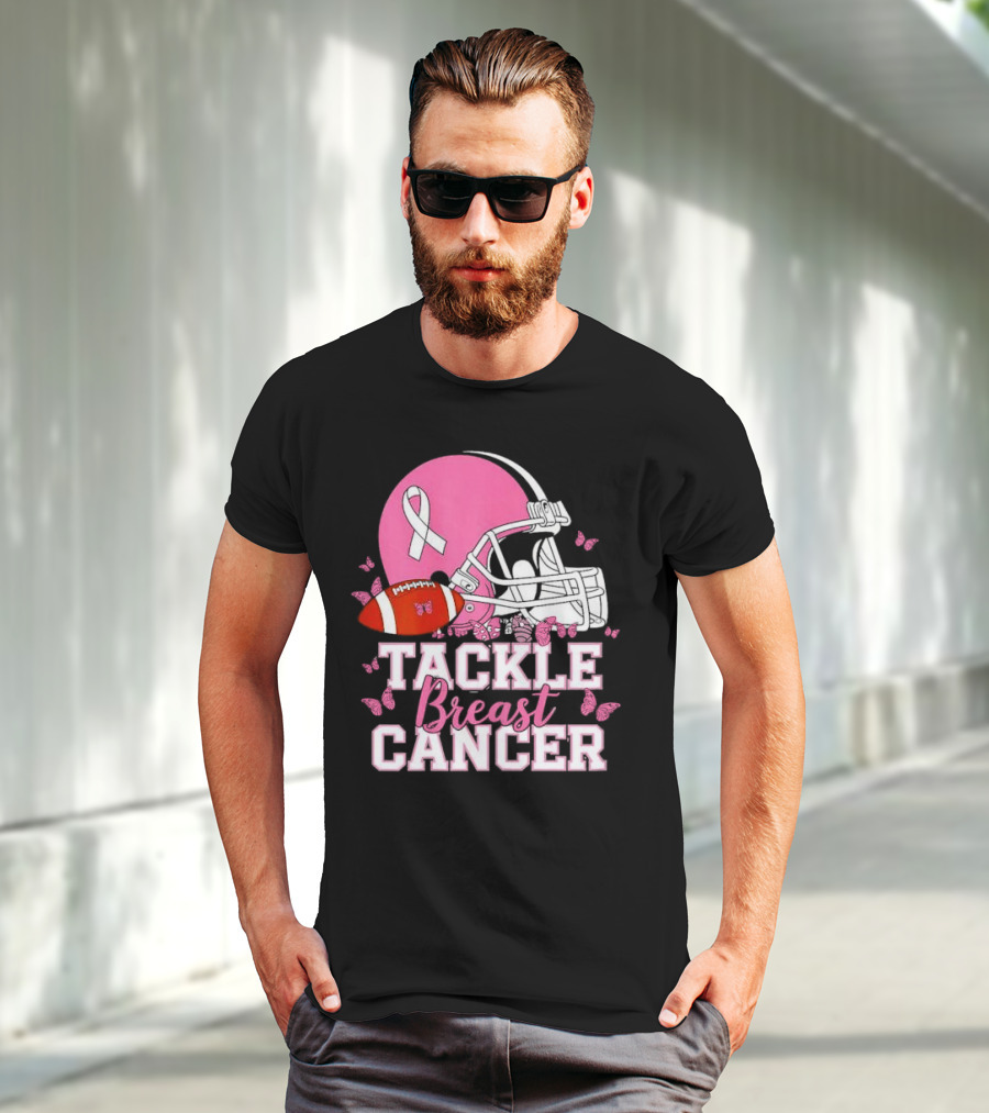 Tackle Breast Cancer Awareness Pink Football Helmet Ribbon Butterflies T-Shirt