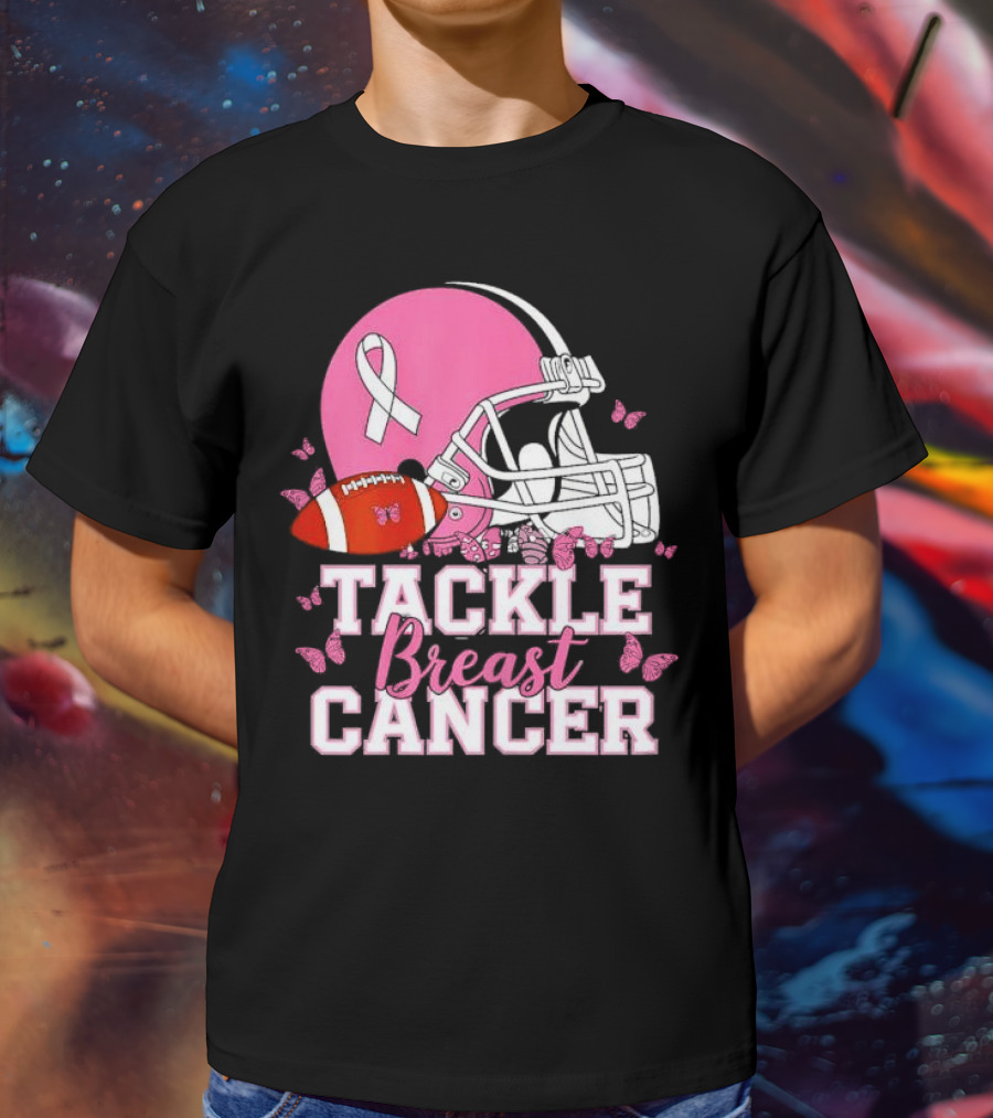 Tackle Breast Cancer Awareness Pink Football Helmet Ribbon Butterflies T-Shirt