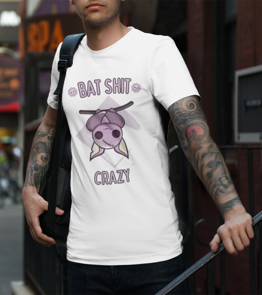 Bat Shit Crazy Purple Bat Hanging Upside Down With Flowers T-Shirt