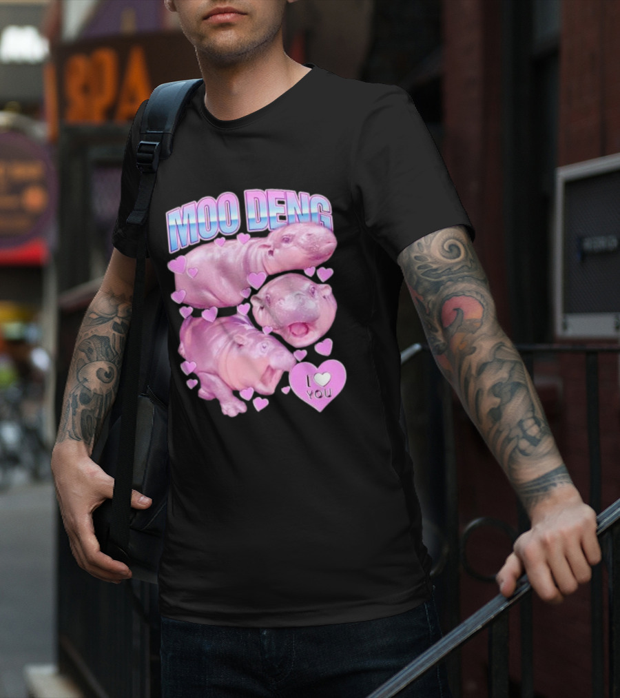 Moo Deng I Love You Pink Hippo Hearts T-Shirt
