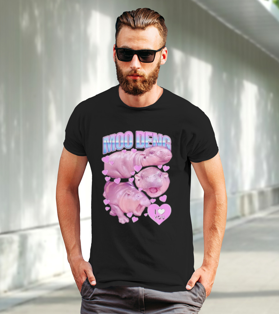 Moo Deng I Love You Pink Hippo Hearts T-Shirt