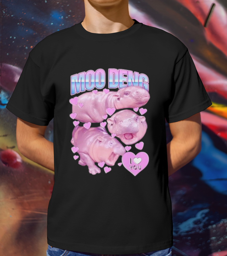 Moo Deng I Love You Pink Hippo Hearts T-Shirt