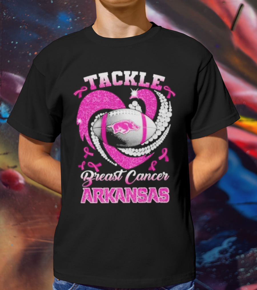 Arkansas Razorbacks Tackle Breast Cancer Pink Ribbon Heart Football T-Shirt