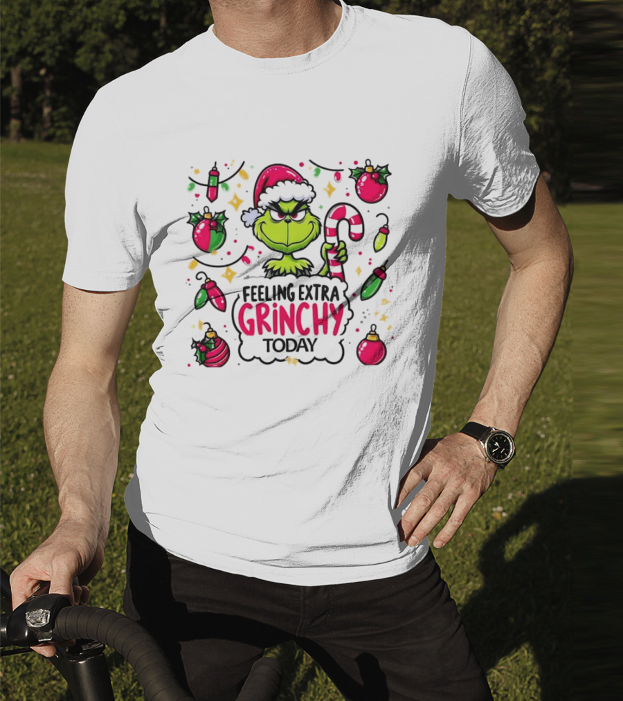 Feeling Extra Grinchy Today Christmas Grinch Santa Hat Candy Cane Ornaments T-Shirt