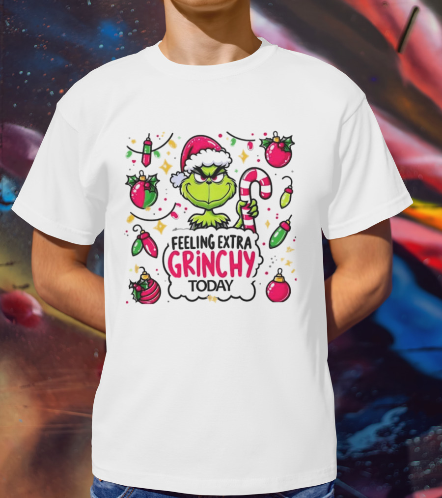 Feeling Extra Grinchy Today Christmas Grinch Santa Hat Candy Cane Ornaments T-Shirt