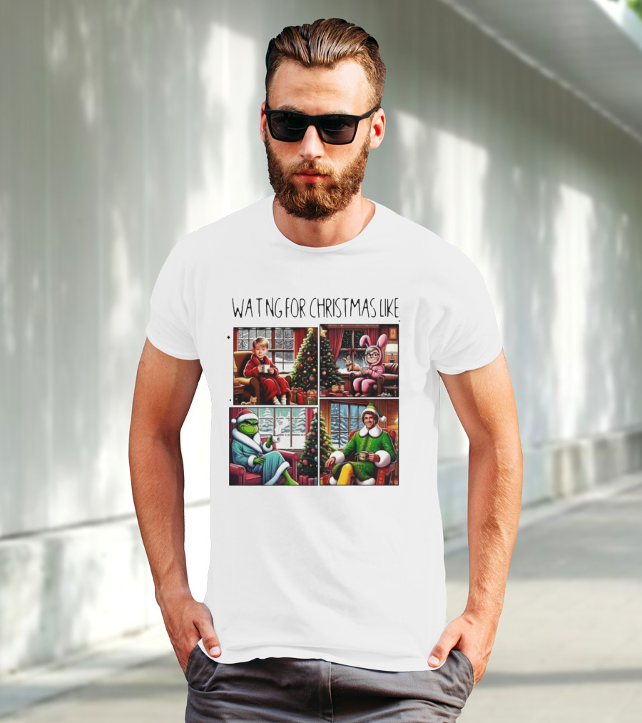 Waiting For Christmas Like Iconic Holiday Characters With Christmas Tree And Cozy Living Room Scene T-Shirt