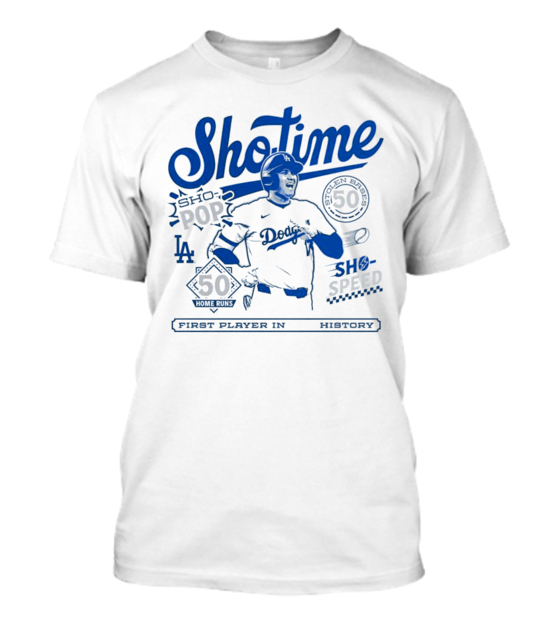 Shohei Ohtani Showtime Los Angeles Dodgers 50 Home Runs 50 Stolen Bases Sho Pop Sho Speed First Player In History T-Shirt