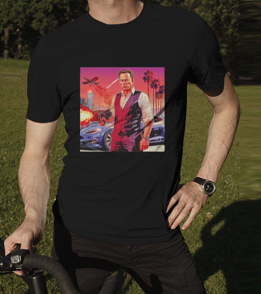 Grand Theft Auto Elon Musk Sunset Shootout With Palm Trees And Jetstream T-Shirt